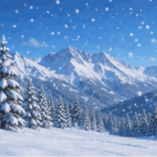 Animated Woohoo! GIF with a skier speeding down a snowy slope, stopping dramatically in front of the viewer, and spraying powder that transforms into a 