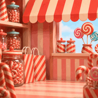 Animated Don’t Look for Me GIF with a cute striped creature hiding inside a candy shop awning.