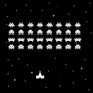 Animated CONTINUE? GIF with a retro 8-bit arcade game sequence featuring pixel invaders, an exploding spaceship, and a classic YES/NO continue menu.