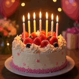 Animated Make a Wish birthday GIF with a candlelit cake, glowing candles, and a Happy Birthday message.