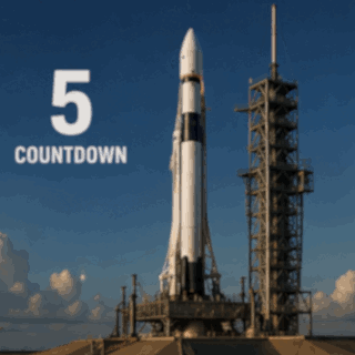 Animated Here We Go rocket launch GIF with a five-second countdown, engine ignition, liftoff, and a rocket blasting into the sky.