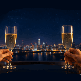 Animated Cheers GIF with two champagne glasses clinking against a nighttime city skyline with sparkling stars.
