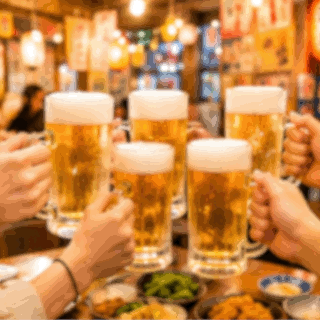 Animated Kanpai GIF with five friends clinking mugs of draft beer in a lively Japanese izakaya.