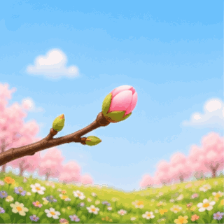 Animated Hello Spring GIF with a cherry blossom bud gradually blooming into a landscape filled with beautiful pink cherry blossoms.