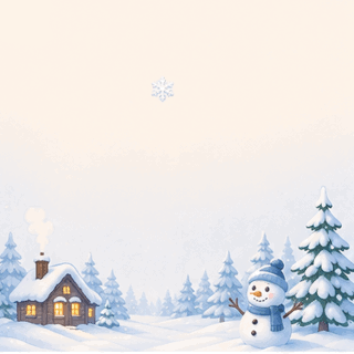 Animated Snowy Winter Day GIF with gentle snowfall, a cozy cottage, snow-covered pine trees, and a snowman.