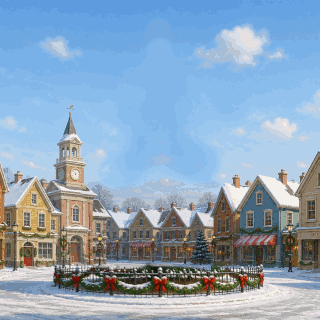 Animated Christmas Tree Lighting GIF with a snowy town square transforming from daytime into a glowing Christmas night with a golden Merry Christmas message.