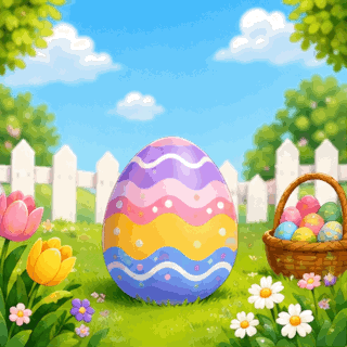 Animated Easter Egg Hunt GIF with a cheerful bunny, colorful Easter eggs, a basket, and spring flowers.