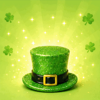 Animated St. Patrick's Day GIF with a sparkling green leprechaun hat spinning among shamrocks and golden sparkles.