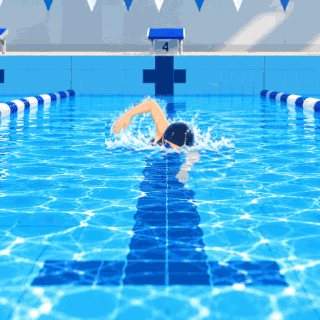Animated Swimming Finish GIF with a freestyle swimmer reaching the end of the pool, touching the wall, and creating a dramatic splash before "FINISH!" appears.