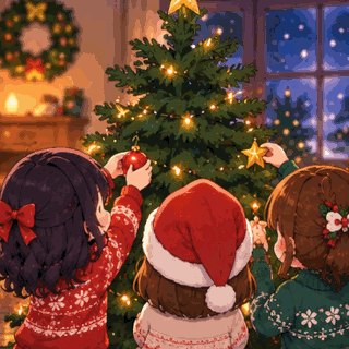 Animated Christmas Eve GIF with children decorating a glowing Christmas tree before Santa Claus and his reindeer fly across the full moon above a snowy village.