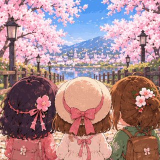 Animated Japanese Cherry Blossom Spring GIF with friends enjoying blooming sakura trees, falling pink petals, and the Japanese kanji "春".