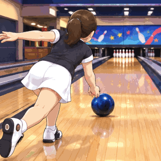 Animated Bowling Strike GIF with a bowling ball rolling down the lane and knocking down all ten pins before a bold "STRIKE!" message appears.