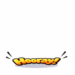 Animated Hooray! Celebration Reaction GIF with bold orange comic lettering jumping and bouncing with excitement before colorful confetti and stars appear.