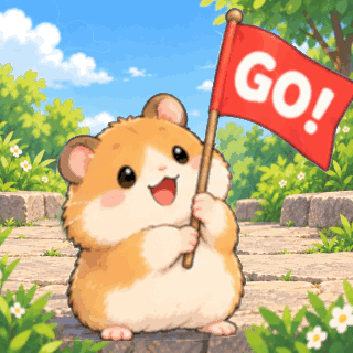 Animated Cheering Hamster GIF with a cute hamster waving a red GO flag, getting comically swung around, and ending with the Japanese message "がんばれ!".