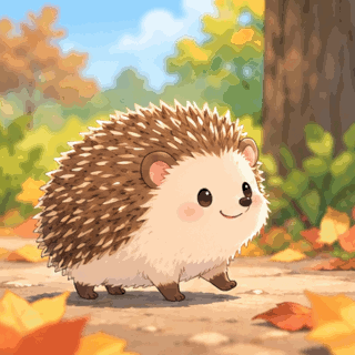 Animated Cute Hedgehog Autumn Leaf GIF with a little hedgehog trying to shake off a falling leaf before happily wearing it on its head.
