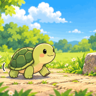 Animated One Step at a Time Turtle GIF with a cute turtle slowly climbing onto a stone and proudly looking ahead before the Japanese message "一歩ずつ前へ。" appears.