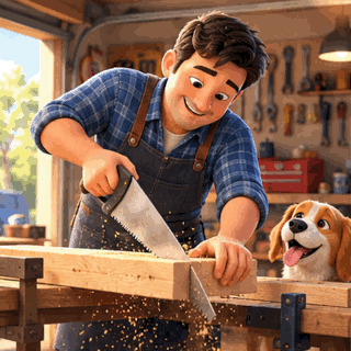 Animated Happy Father’s Day Woodworking GIF with a dad building a wooden surprise in his garage before revealing a handmade "Happy Father's Day" message.