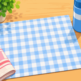 Animated Lunch Time GIF with an empty table setting gradually filling with a colorful meal before a cheerful "LUNCH TIME!" message appears.