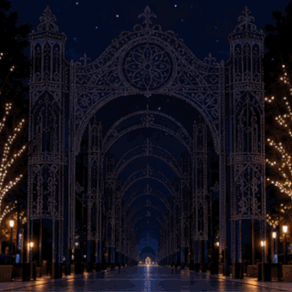 Animated Light Up Your Heart GIF with ornate illumination arches gradually lighting up from the distance until the entire nighttime passage glows brilliantly.