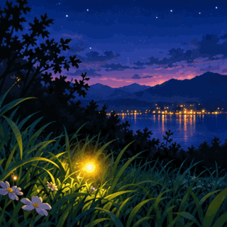 Animated A Thousand Little Wishes GIF with tiny golden lights rising from a peaceful lakeside meadow and gathering into a sparkling stream of stardust across the twilight sky.