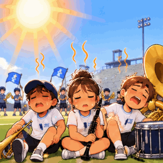 Animated Band Camp Survivor GIF with three exhausted marching band students drinking water under the hot summer sun, recovering their energy, and celebrating together with their instruments raised high.