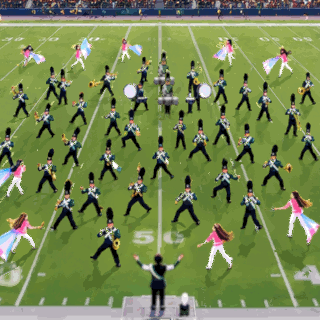 Animated Marching Band Perfect Formation GIF with musicians forming a large star on a football field, colorful flags waving around them, and golden lights outlining the formation before the words "Perfect Formation!" appear.
