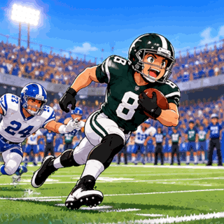 Animated American Football Touchdown GIF with a player diving into the end zone, celebrating with the football raised high, and colorful confetti appearing before a bold "TOUCHDOWN!" message.